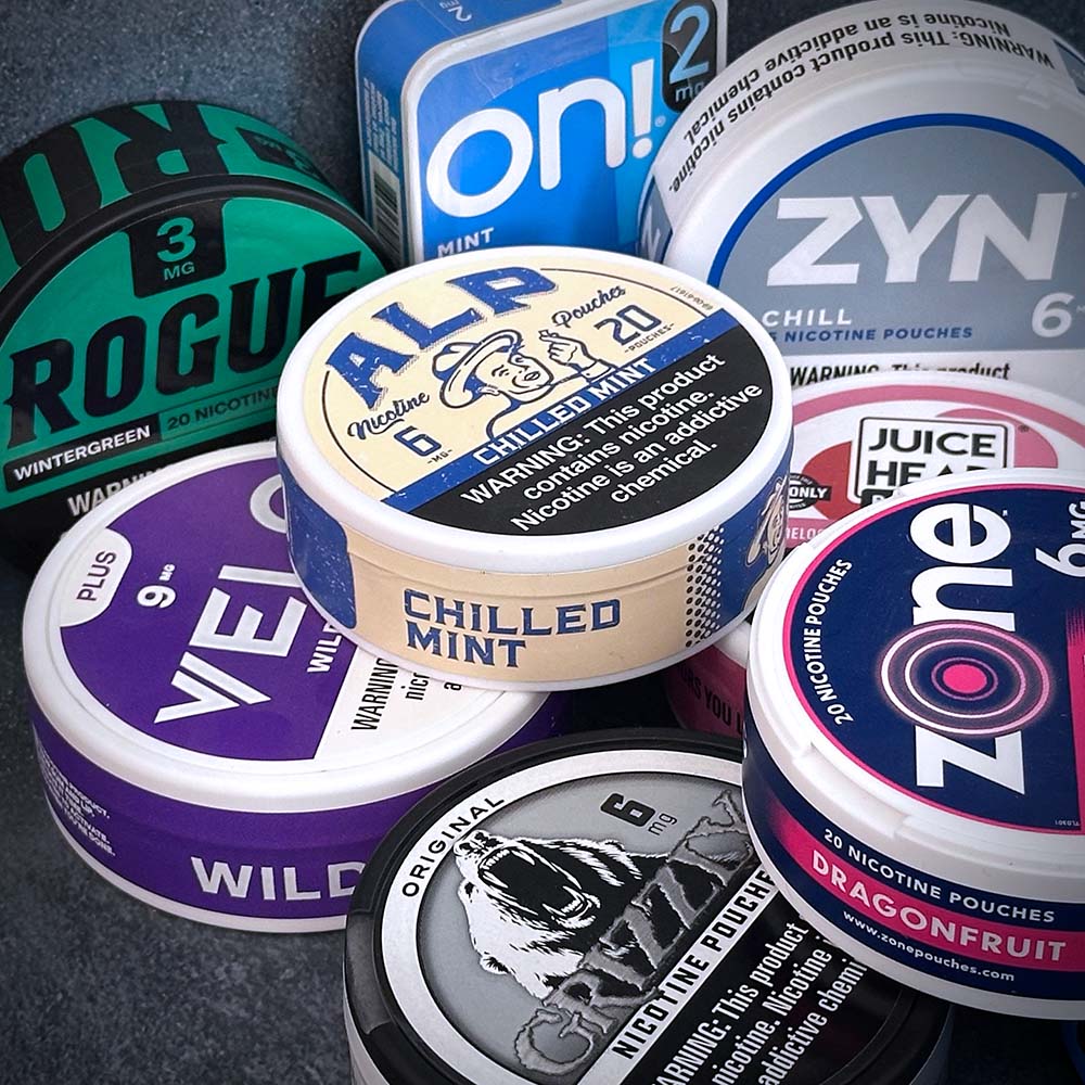 smokeless nicotine pouches ZYN, Alp, Velo, Rogue, Grizzly, Juice Head, On!